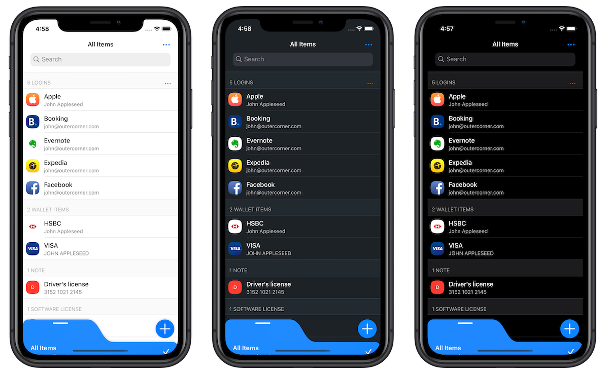 The Light, Dark and Black themes on Secrets for iOS