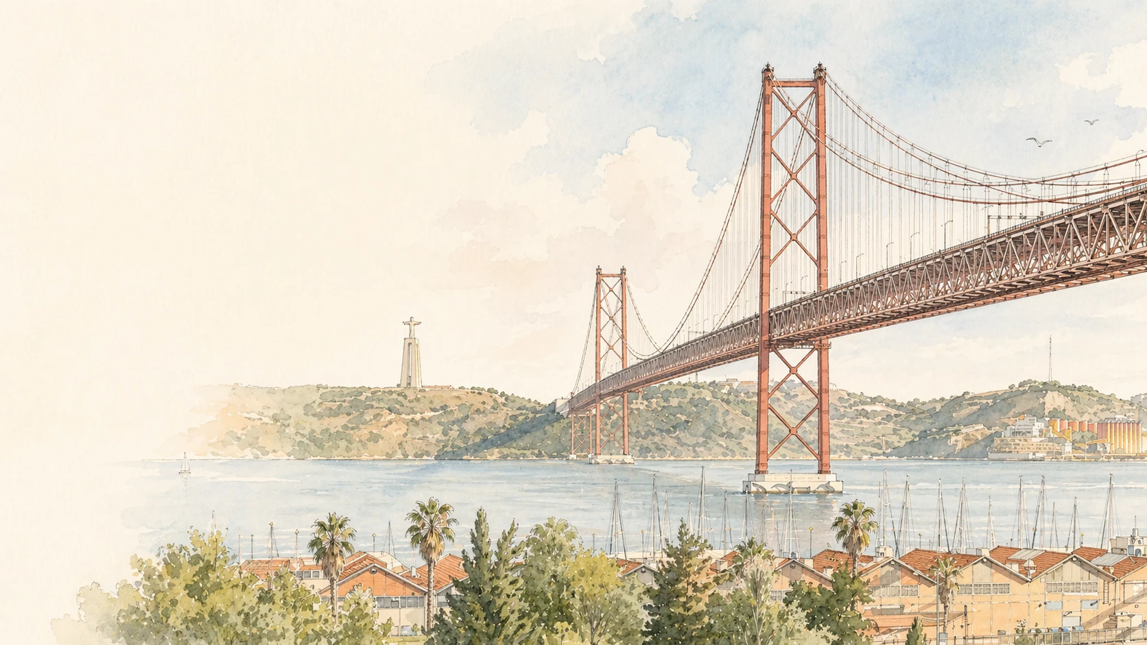 Watercolor illustration of Lisbon's 25 de Abril Bridge over the Tagus river