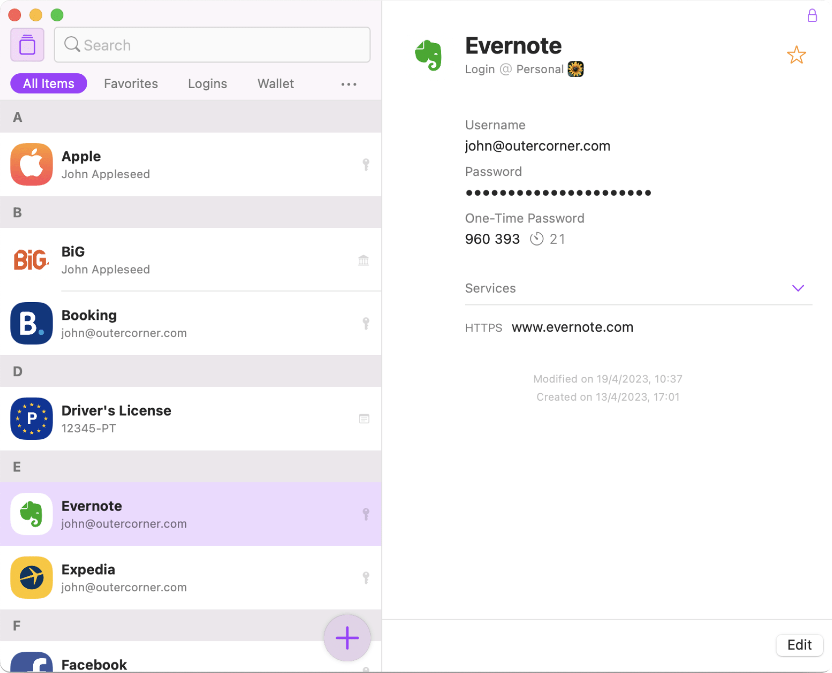 Secrets for Mac showing a list of saved items
